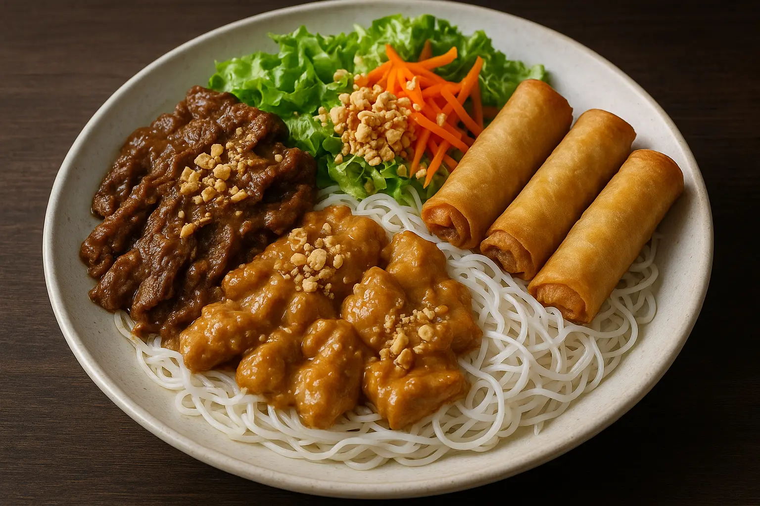 Vermicelli Satay Beef, Satay Chicken & Spring Rolls at Pho Vy in Calgary