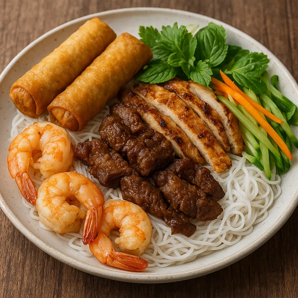 Delicious Vermicelli Shrimp, Satay Beef with Chicken & Spring Rolls at Pho Vy in Calgary, AB